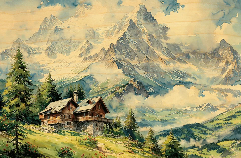 hironwoods-cartes-postales-en-bois-chalet-montagne-carte-100x150mm image 1