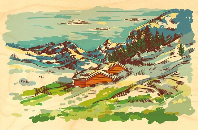 hironwoods-carte-postale-bois-peinture-village-100x150mm image 1