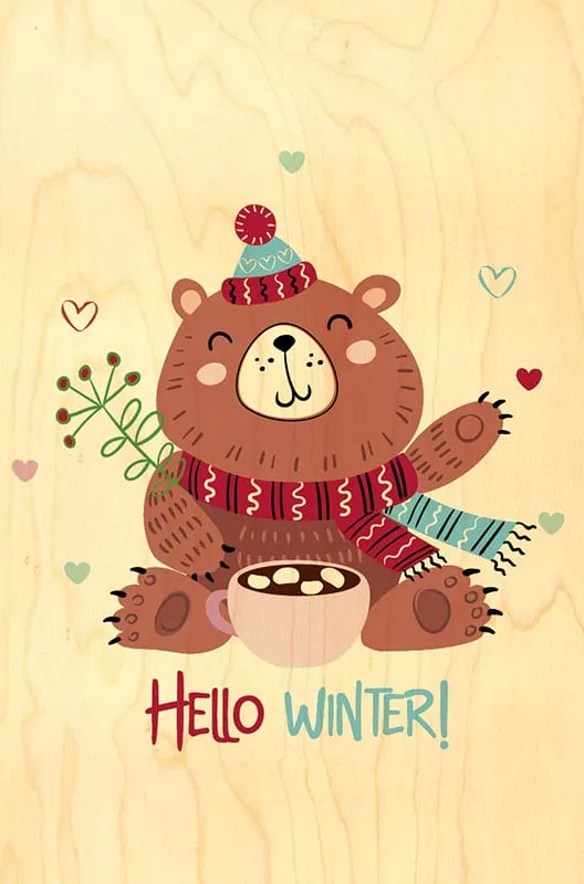 hironwoods-hello-winter-carte-postale-bois-100x150mm-nounours image 1