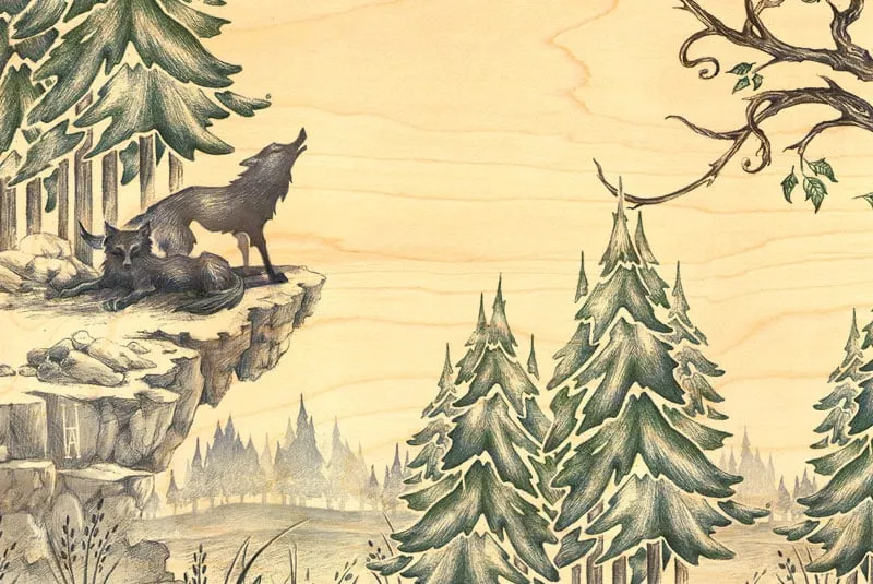 hironwoods-loups-dessin-carte-postale-bois-100x150mm image 1
